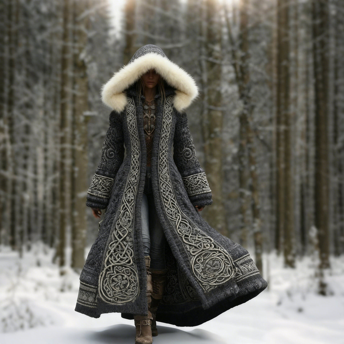 Square crop of the charcoal grey version worn by a model among snowy trees 5