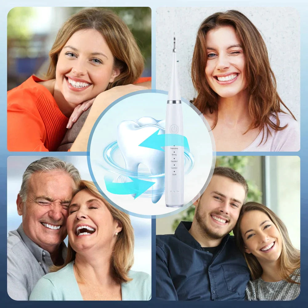 White cleaner with its five power-level markings shown at the centre of a collage of smiling women, a man and two couples. 3