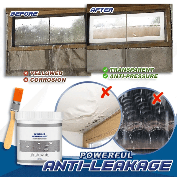 Before-and-after of a damp brick window wall, with the tub and brush below and leak examples 2