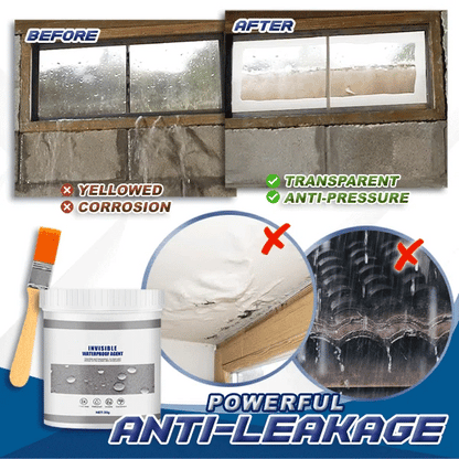 Before-and-after of a damp brick window wall, with the tub and brush below and leak examples 2