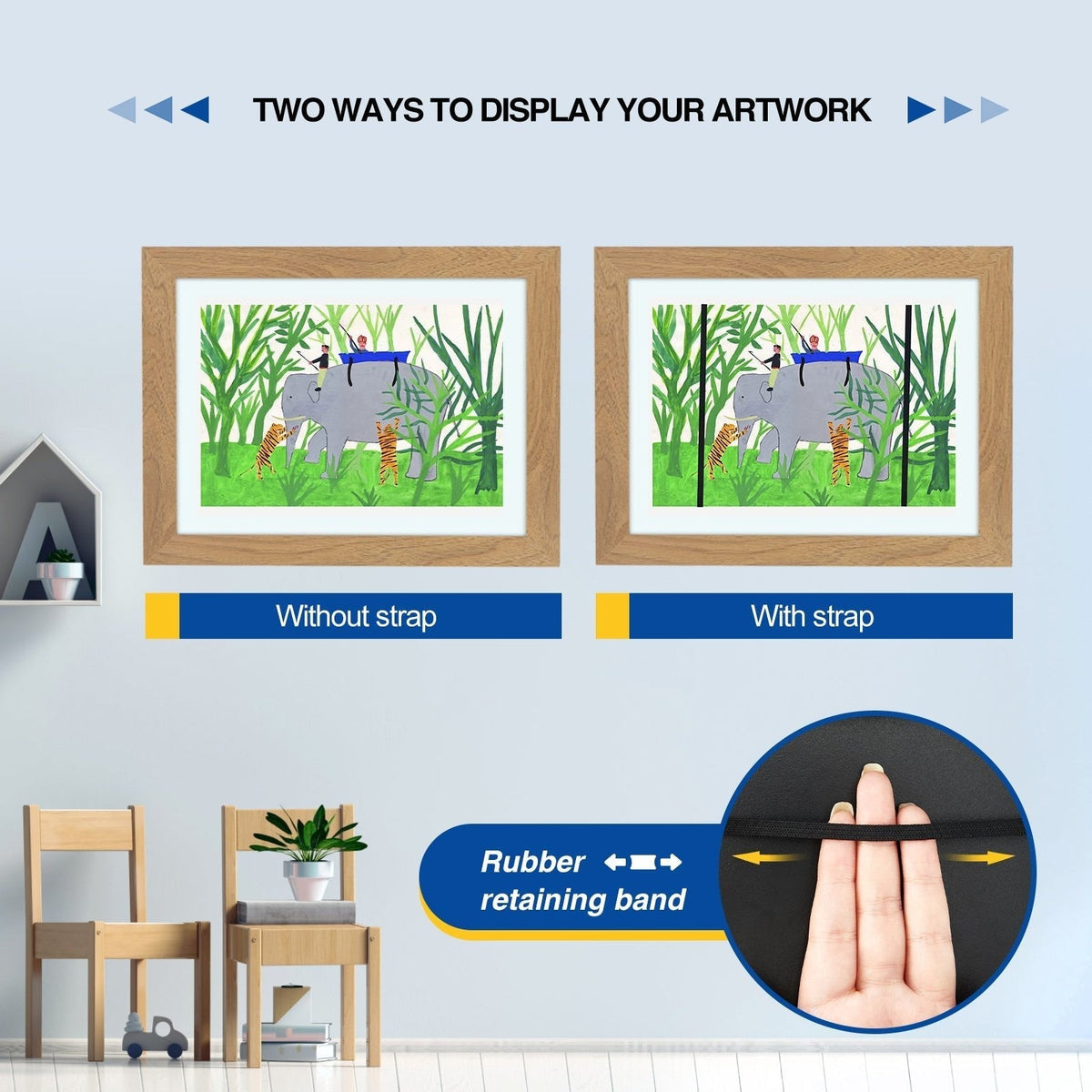 Two oak-effect frames showing an elephant painting displayed without and with the strap, plus a close-up of the rubber retaining band. 17