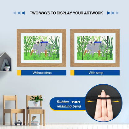 Two oak-effect frames showing an elephant painting displayed without and with the strap, plus a close-up of the rubber retaining band. 17