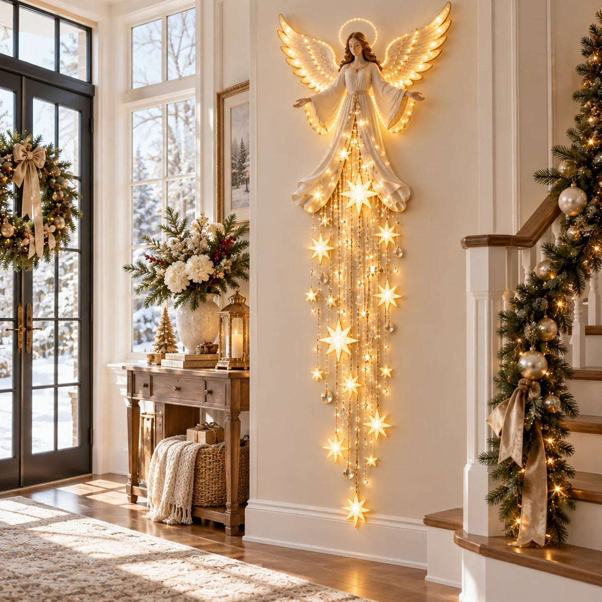 Lit angel wall light with cascading stars hanging in a bright entrance hall beside a console table, wreath and staircase garland. 2