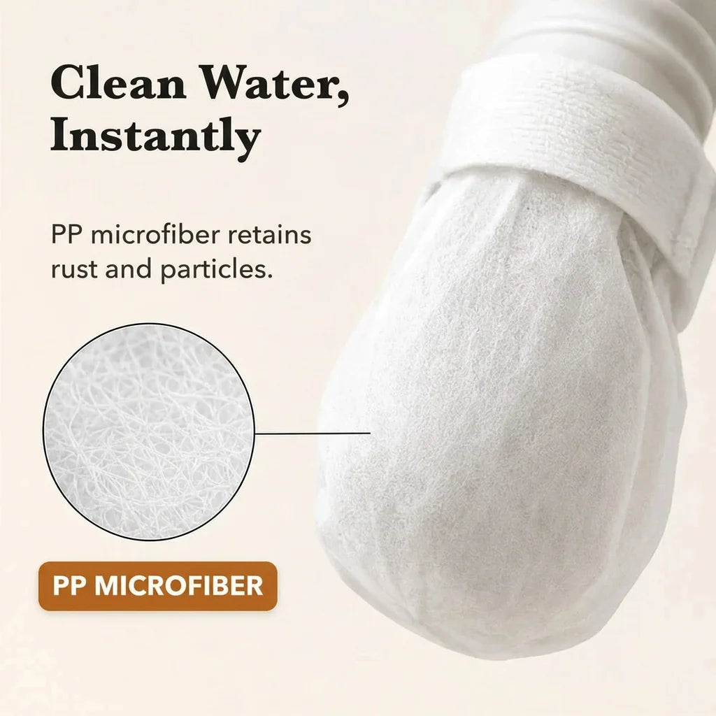 Close-up of a filled white cover fastened round a tap spout with a strap, with a magnified circle showing the fibre texture. 3