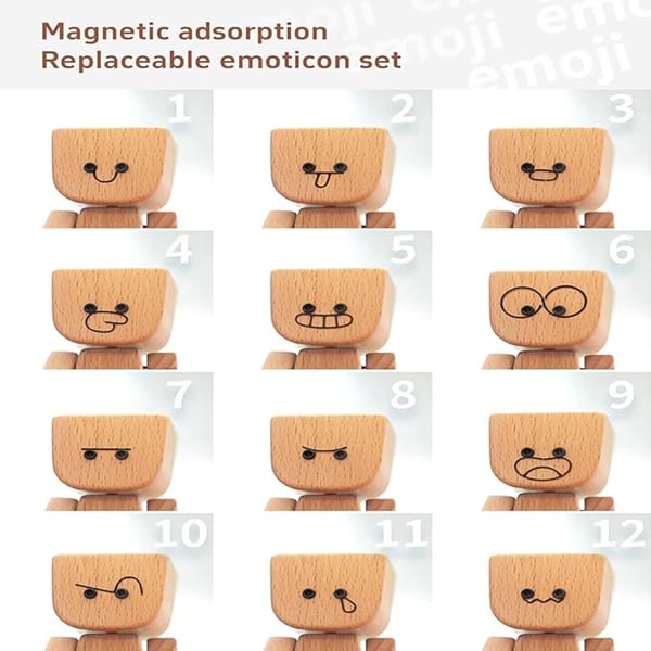 Grid of twelve numbered magnetic faces on the wooden head, from smiles and tongues to a frown, tears and a squint. 8