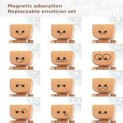 Grid of twelve numbered magnetic faces on the wooden head, from smiles and tongues to a frown, tears and a squint. 8