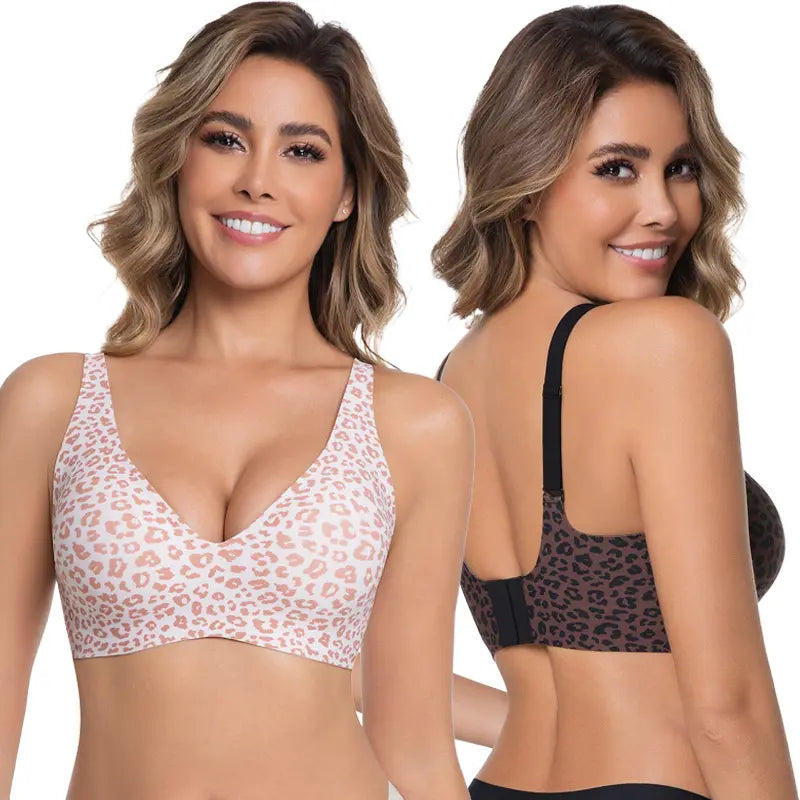 Two views of a smiling model wearing the leopard print bra, from the front and the back 12