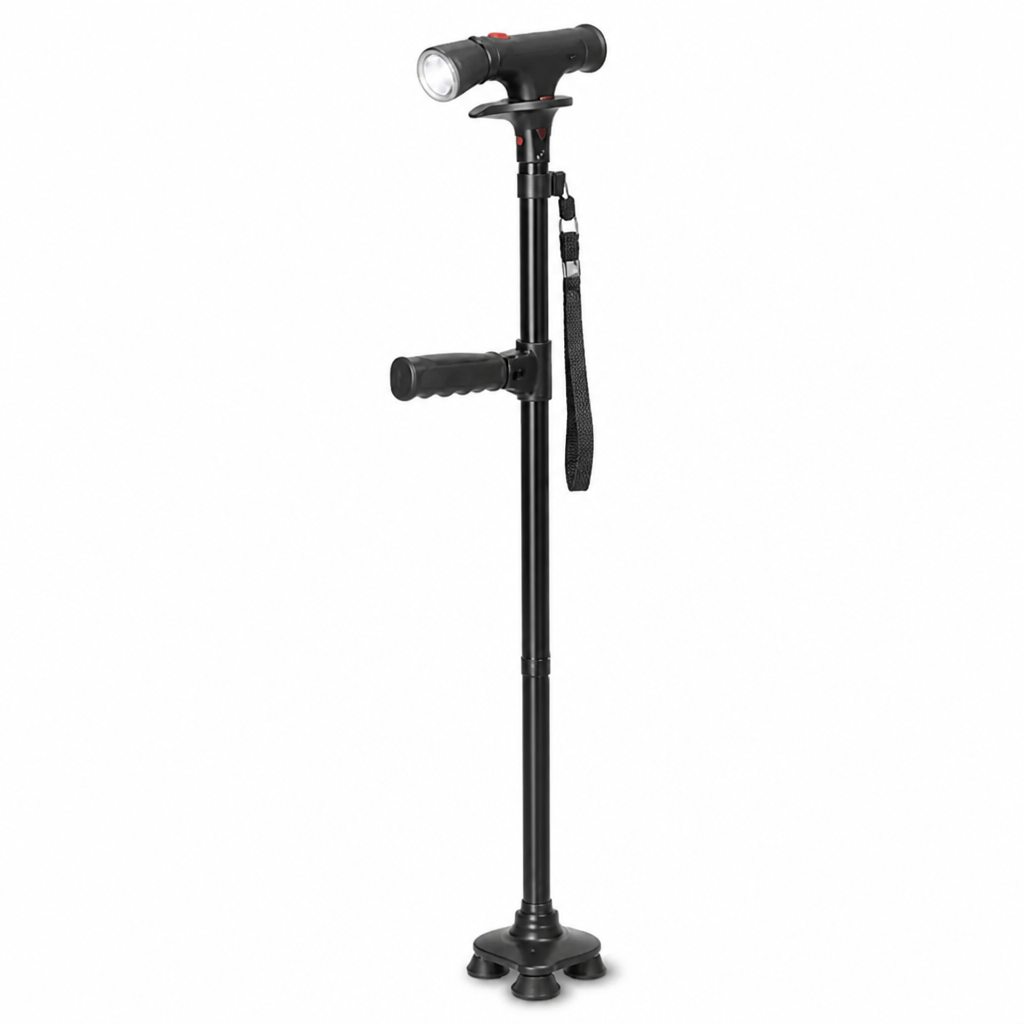 Black cane seen from the front on white, showing the torch head, side grip, hanging wrist strap and wide four-point base. 5