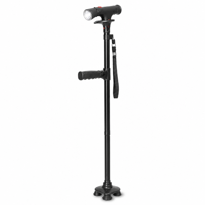 Black cane seen from the front with torch head, side grip, wrist strap and wide four-foot base 5