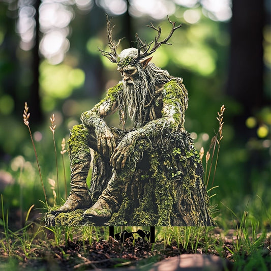 Antlered woodland spirit with a long beard sitting hunched on a moss-covered stump, staked in soil among tall grass. 1