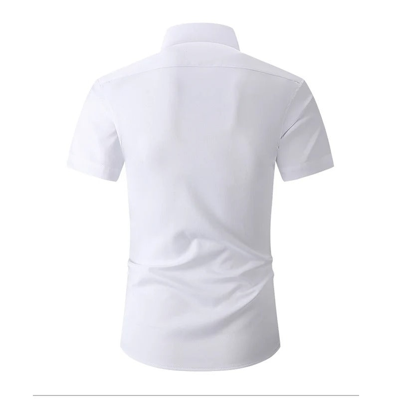 Back view of the white short-sleeved shirt, plain with a smooth yoke and collar 2