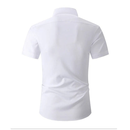 Back view of the white short-sleeved shirt, plain with a smooth yoke and collar 2