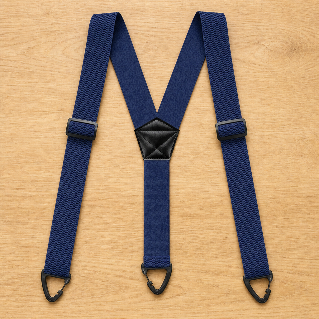 Navy blue Y-back suspenders laid flat on a wooden surface, with black adjusters, triangular clips and a black centre patch. 11