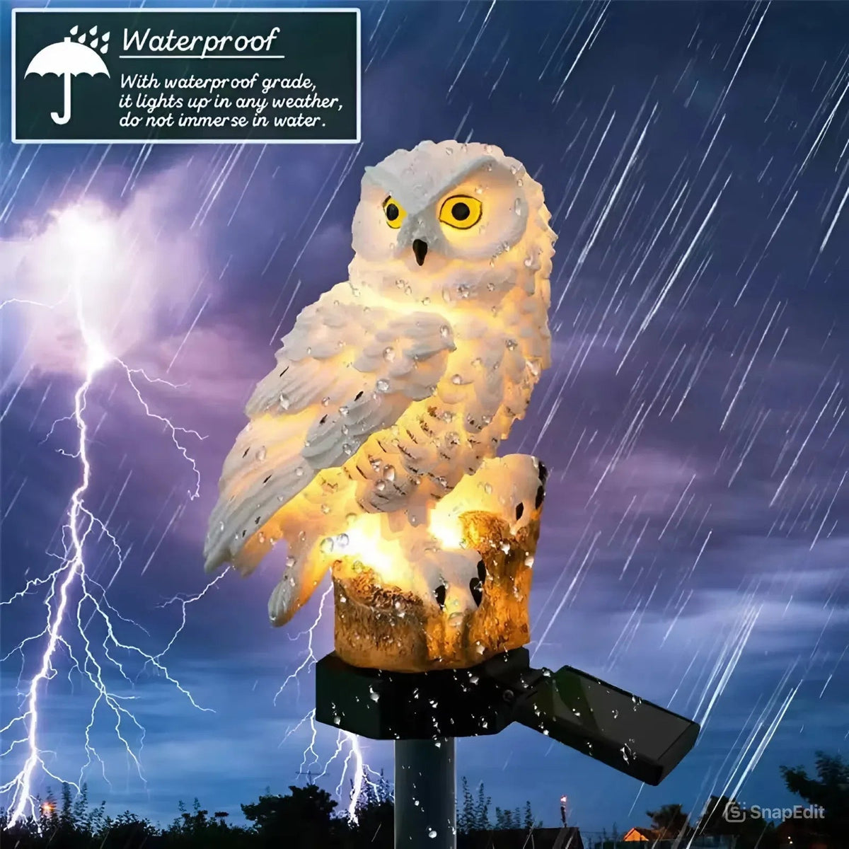 White owl light glowing on a tree stump perch, beaded with raindrops under a stormy purple sky with lightning. 1