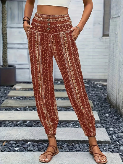 Boho High-Waist Women's Trousers with Print & Smocked Waistband – Linara