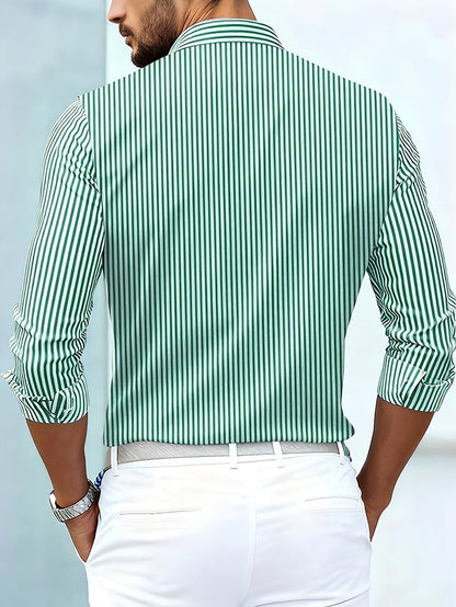 Back view on a model of the green and white striped shirt, showing plain vertical stripes across the back. 5