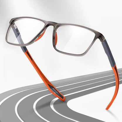 Grey frames with orange arms held at a dynamic angle above a curving grey running-track graphic. 8