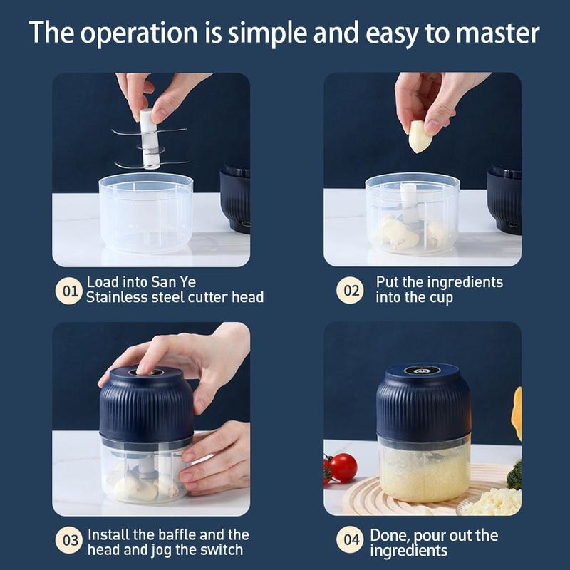 Four-step usage guide: fit the blade unit, add garlic to the bowl, fix the lid and press the switch, then pour out the paste. 6