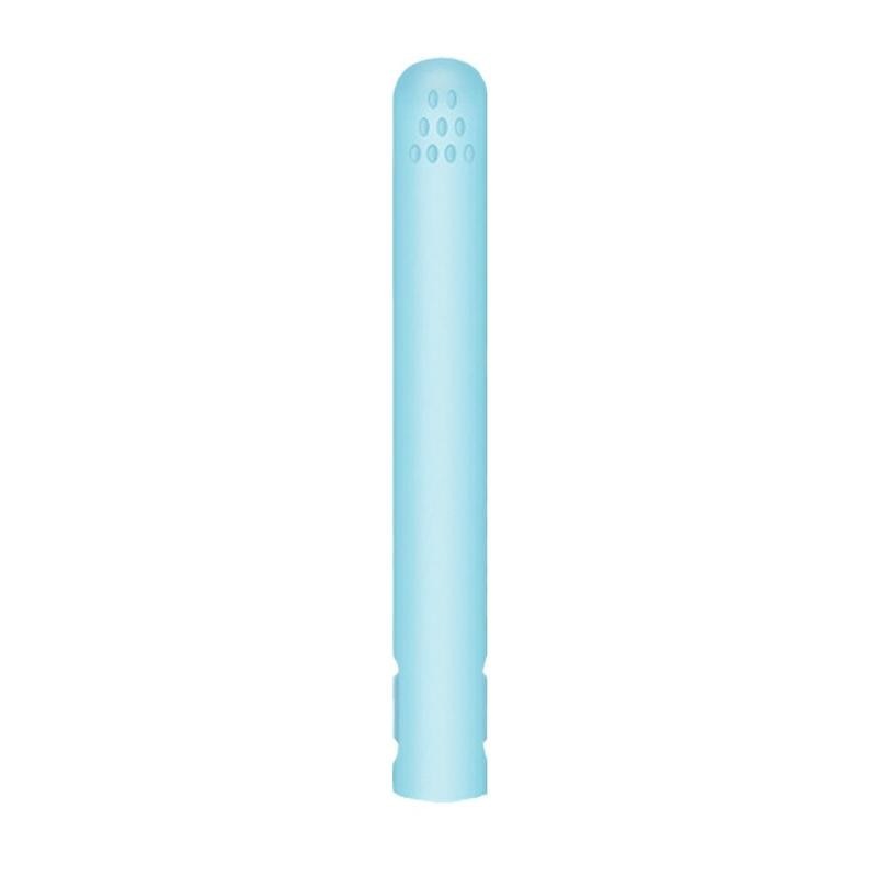 Closed light blue straightener standing upright on a plain white background, showing the vent holes at the tip. 10