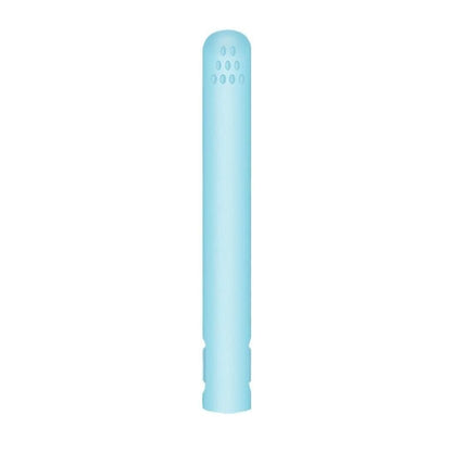 Closed light blue straightener standing upright on a plain white background, showing the vent holes at the tip. 10