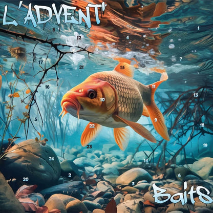 Calendar front design showing a golden carp swimming over pebbles in a river, with numbered doors 2