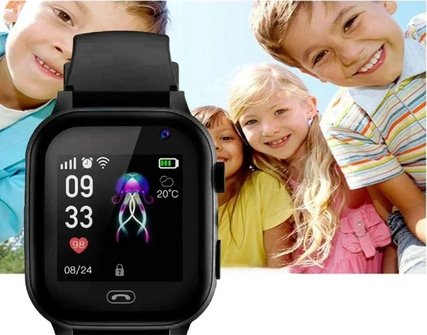 Black smartwatch face close-up in front of four smiling children, showing the watch in use 4