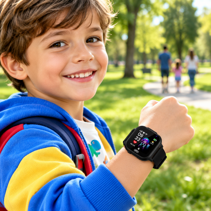 Smiling boy in a blue hooded top shows a black smartwatch on his wrist in a park 1