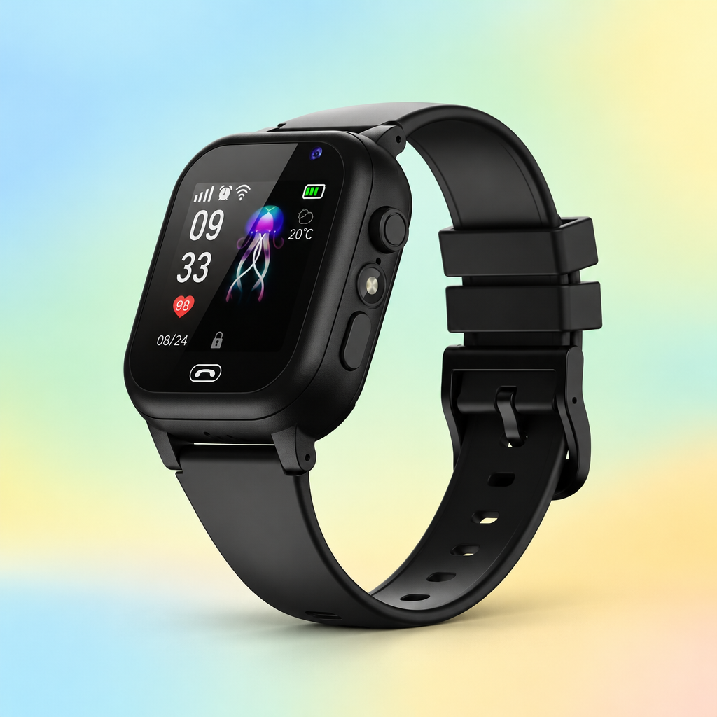Black square-faced kids' smartwatch with silicone strap, angled view on a pastel rainbow background 1