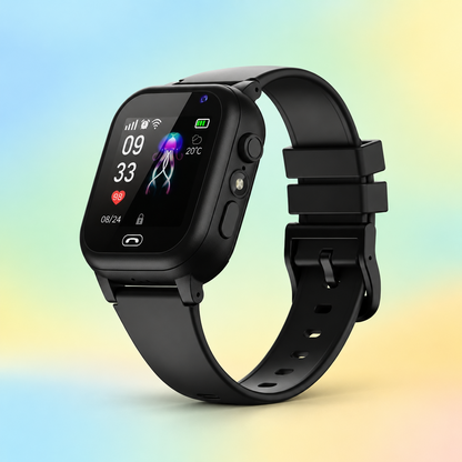 Black square-faced kids' smartwatch with silicone strap, angled view on a pastel rainbow background 1