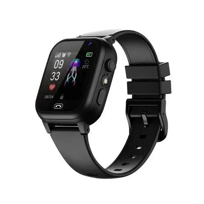 Black smartwatch with matching black silicone strap and buckle, shown at an angle on white 2