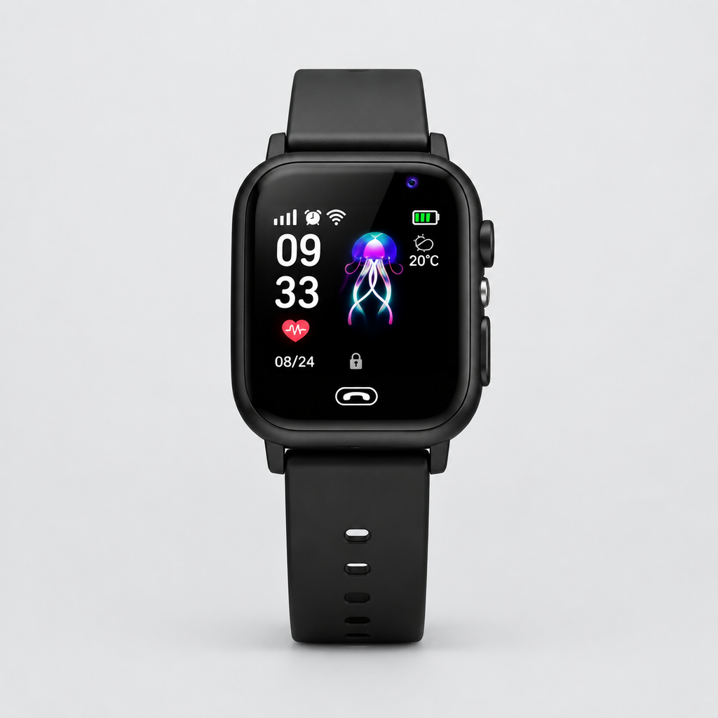 Black smartwatch seen straight on, strap lying flat, with a jellyfish display on a light background 7