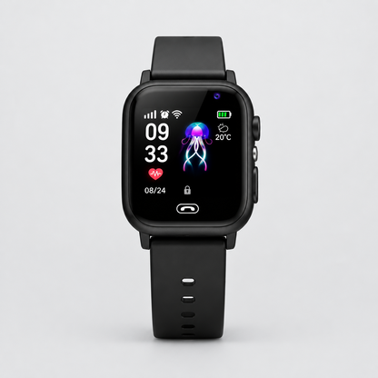 Black smartwatch seen straight on, strap lying flat, with a jellyfish display on a light background 7