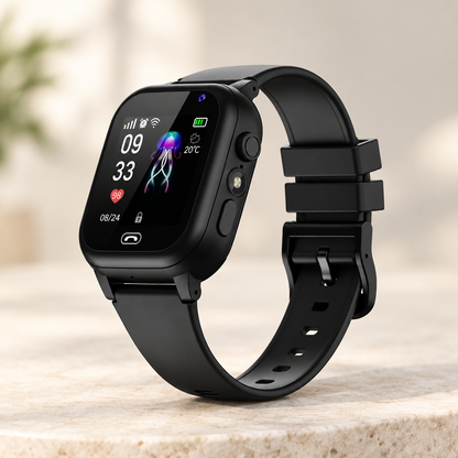 Black smartwatch with jellyfish clock face standing on a pale stone surface with a blurred background 7