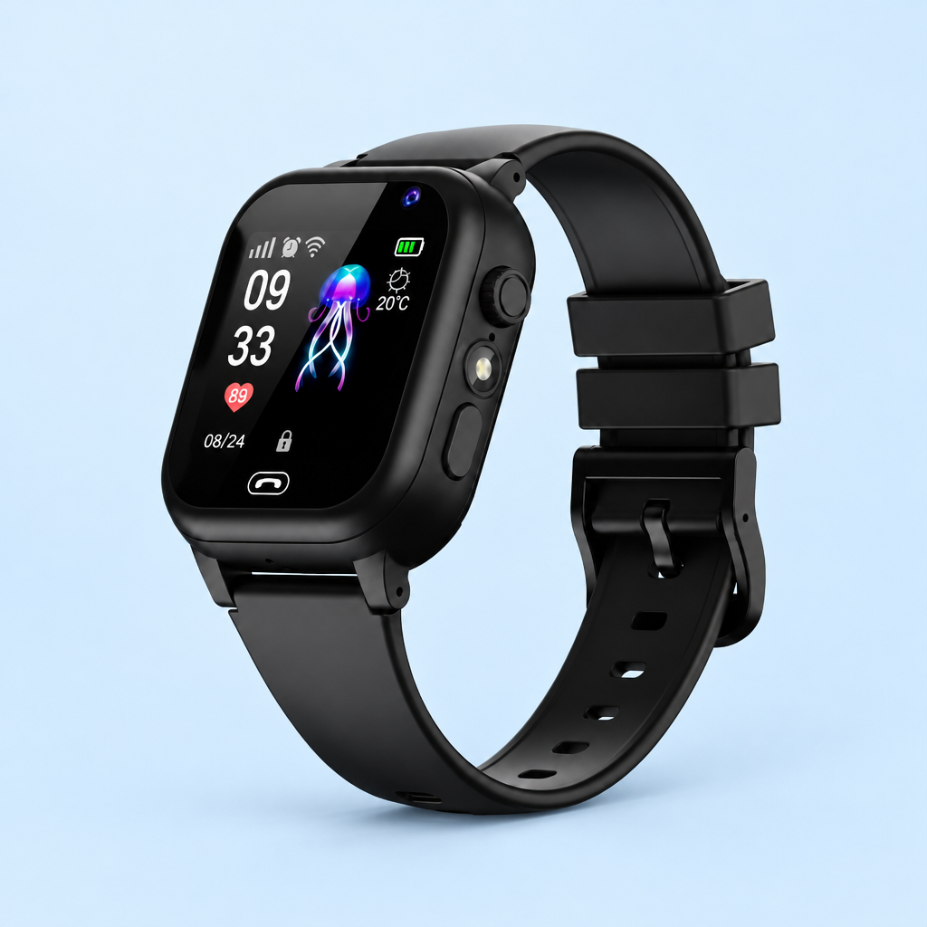 Black smartwatch with jellyfish watch face and side buttons, studio shot on a pale blue background 7