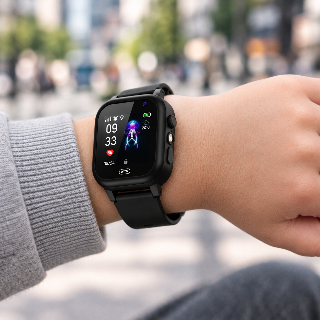 Black kids' smartwatch worn on a child's wrist outdoors, showing a time and jellyfish watch face 1