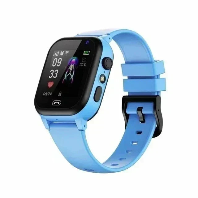 Kids smartwatch with light blue strap and black screen, angled view of the same watch face 2