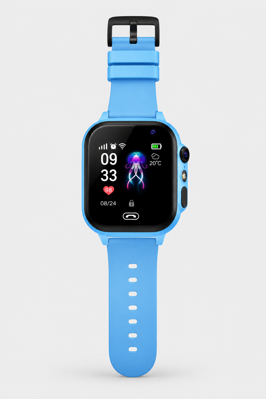 Blue smartwatch laid flat with its strap extended, showing the side camera and flashlight, buckle at top 9
