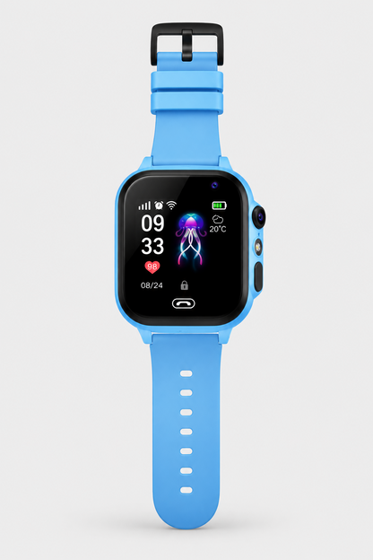 Blue smartwatch laid flat with its strap extended, showing the side camera and flashlight, buckle at top 9