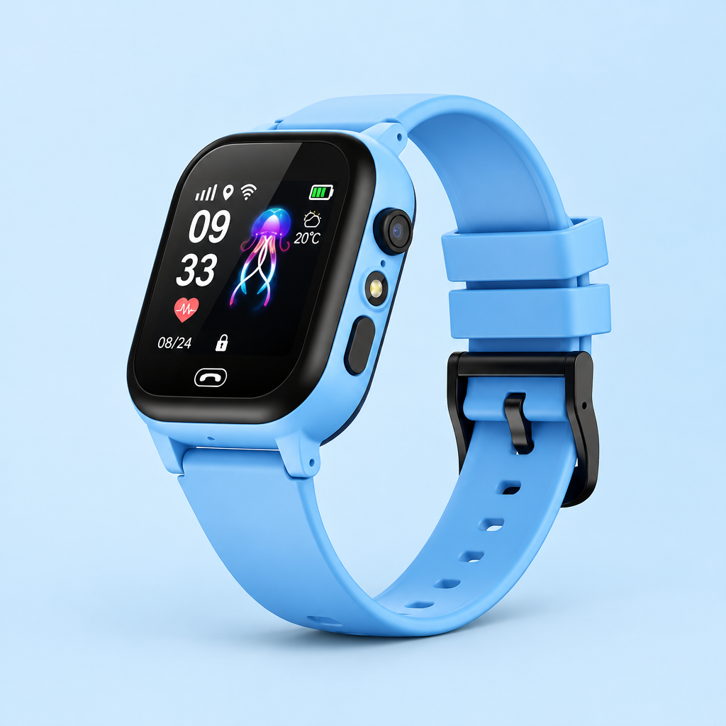 Blue smartwatch with black buckle and side camera lens, studio shot on a pale blue background 9