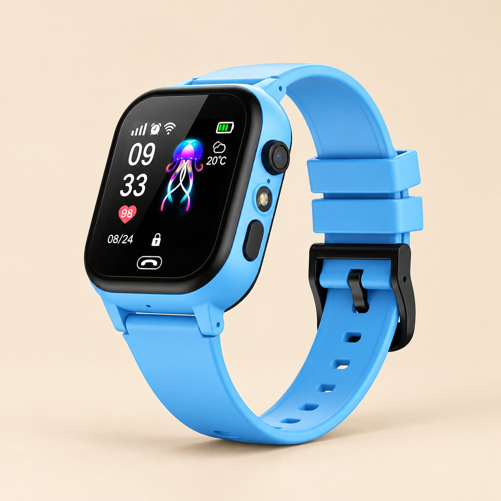Blue smartwatch with black bezel and silicone strap, jellyfish clock face, on a plain cream background 1