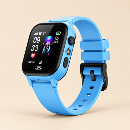 Blue smartwatch with black bezel and silicone strap, jellyfish clock face, on a plain cream background 1