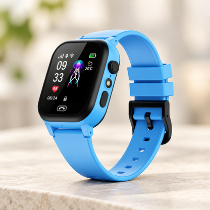 Blue smartwatch with black bezel resting on a stone ledge against a softly blurred background 8