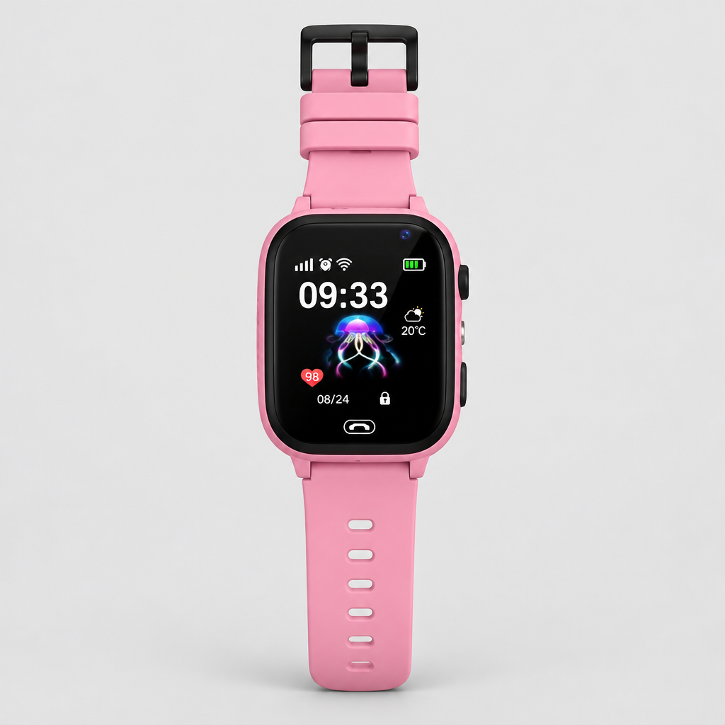Pink smartwatch laid flat with the strap extended, showing the display and black buckle at the top 8