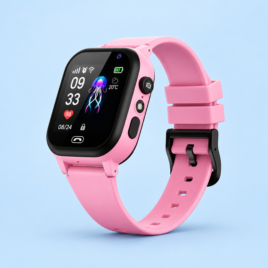 Pink smartwatch with black buckle and camera button, studio shot on a pale blue background 8