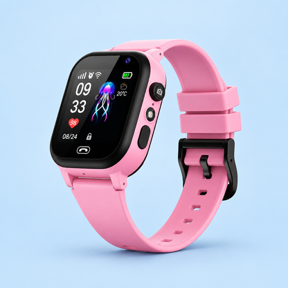 Pink smartwatch with black buckle and camera button, studio shot on a pale blue background 8