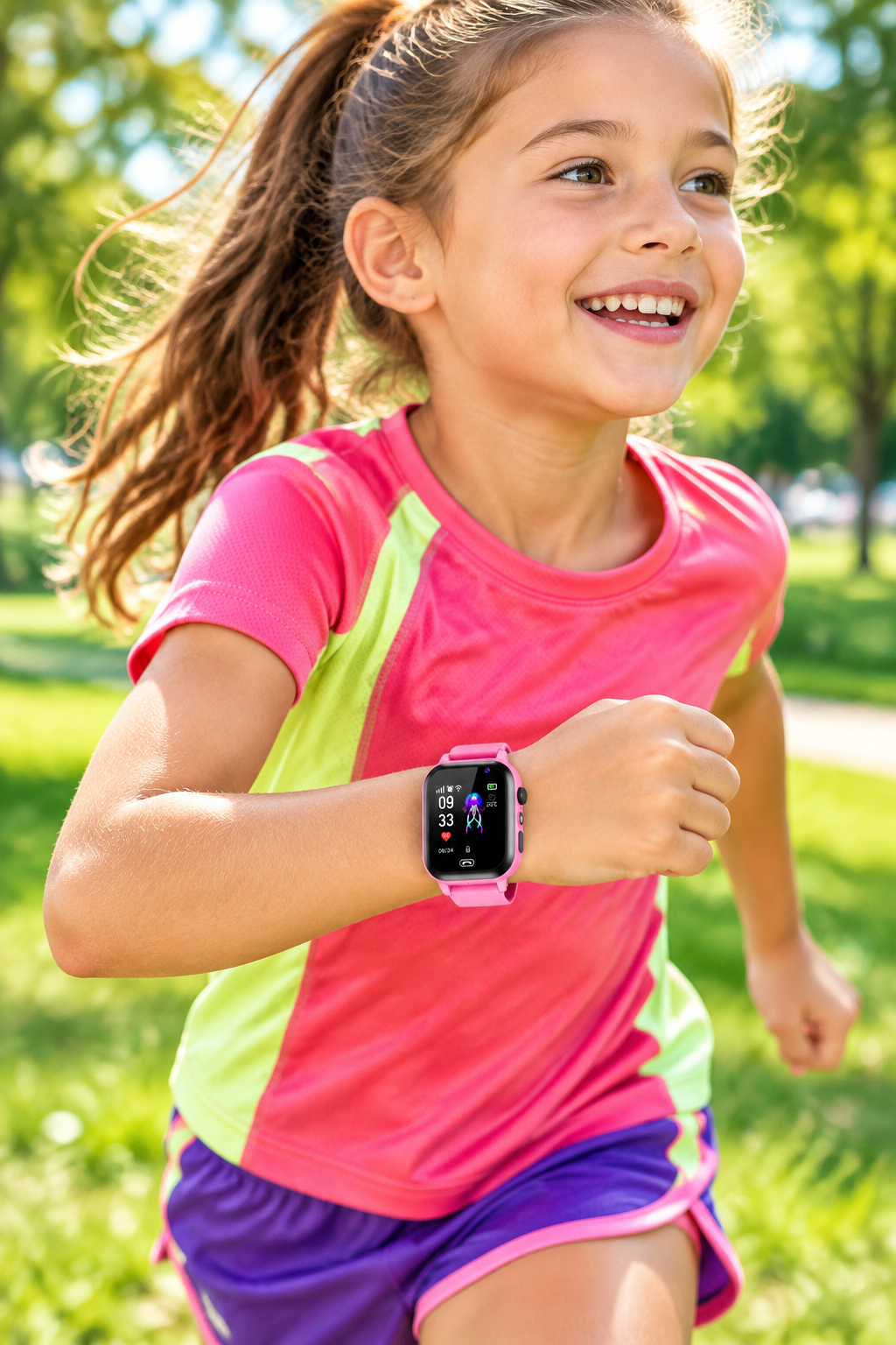 Smiling girl in a pink and lime running top wears the pink smartwatch while running in a park 1