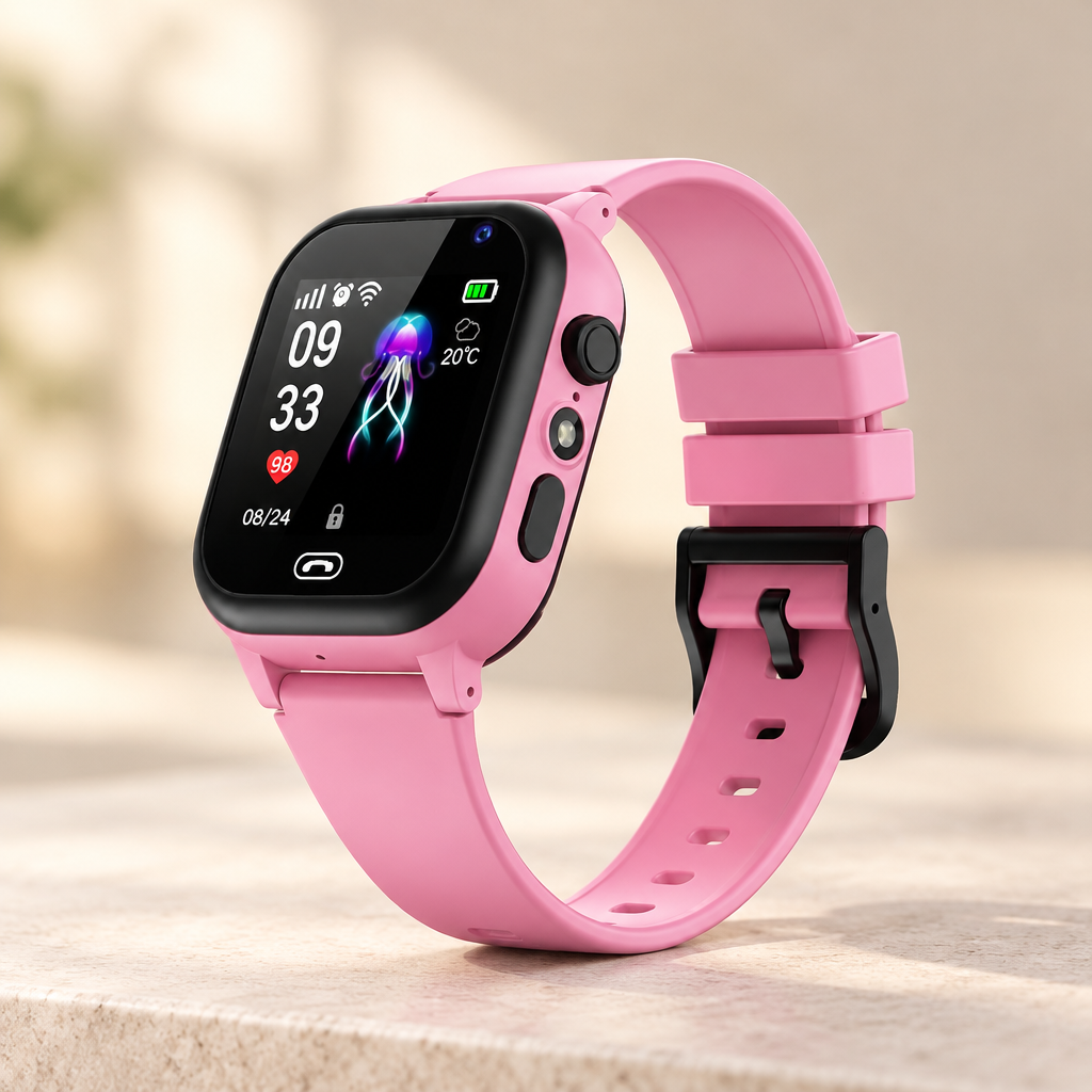 Pink smartwatch with black bezel and buckle on a pale stone surface, blurred warm background 9