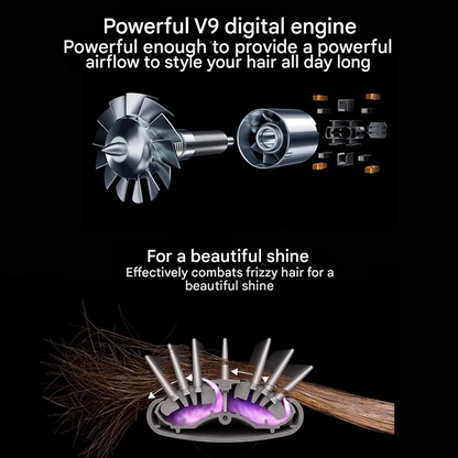 Dark infographic showing the motor's internal fan parts and a cutaway of the brush attachment smoothing brown hair 3