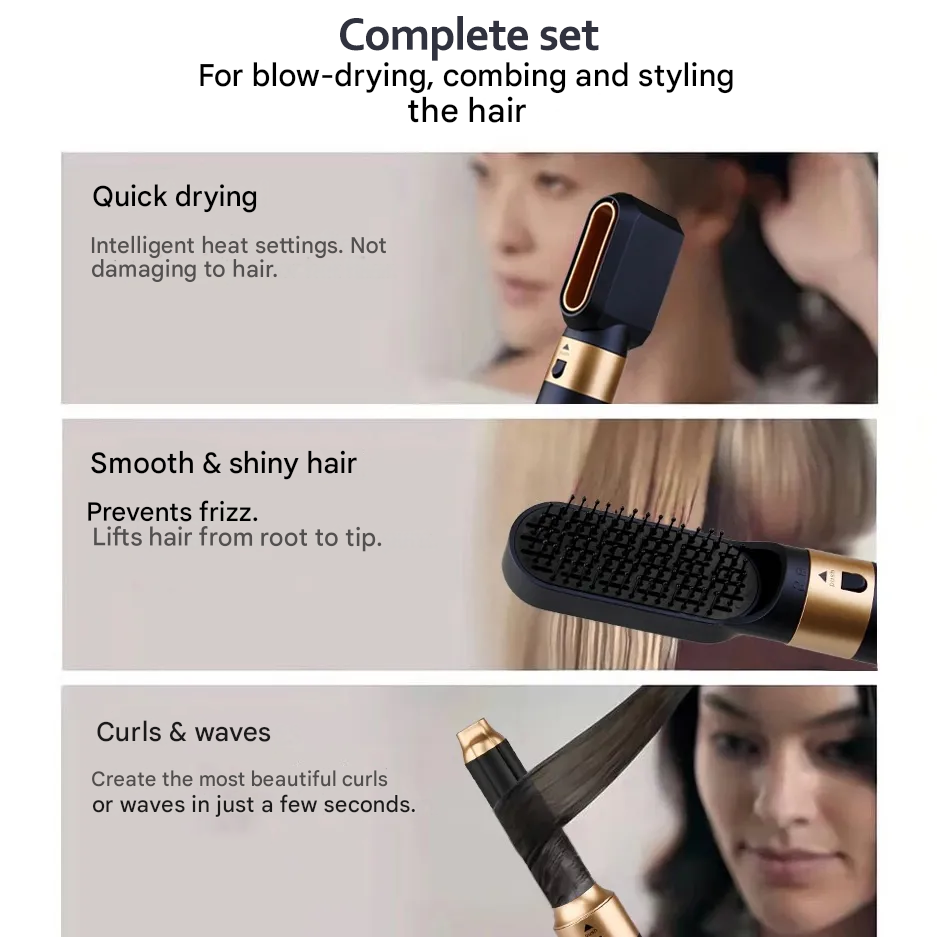 Three close-ups of the styler in use: drying with the wide nozzle, smoothing with the brush, and curling hair on the barrel 4