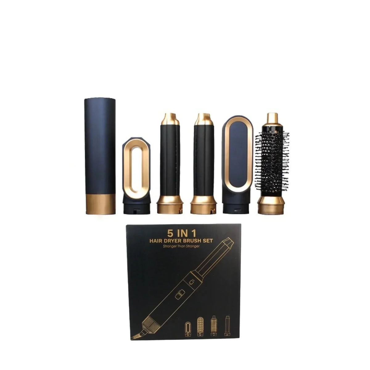 Navy and gold handle and attachments laid out above the black retail box with a line drawing of the styler 7